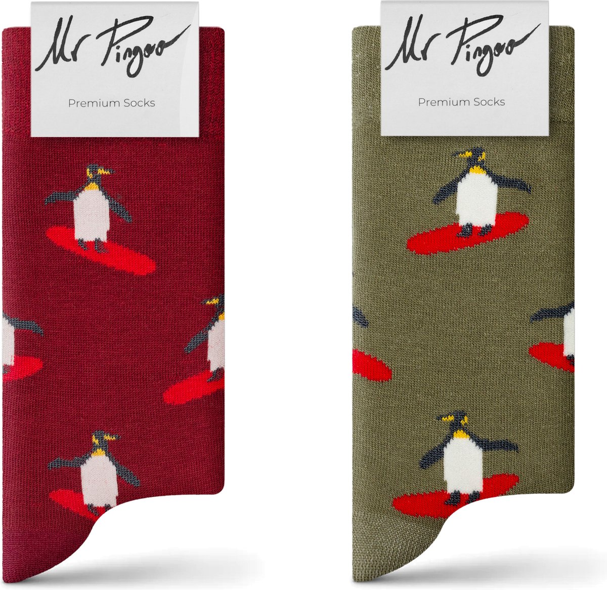Mr Pingoo Sokken voor Heren en Dames - 2 paar - Unisex Grappige Sokken - Vrolijke Pinguïn Sokken - Groen & Rood - 41-46