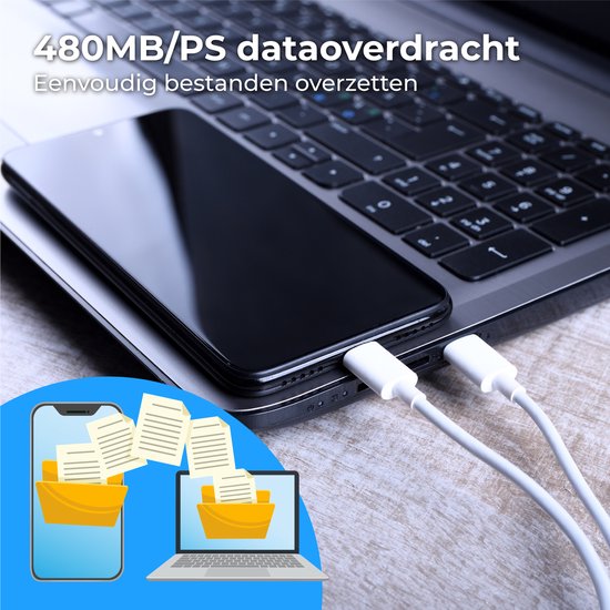 480MB/PS dataoverdracht. Eenvoudig bestanden overzetten tussen smartphone en laptop met de witte USB-C kabel.