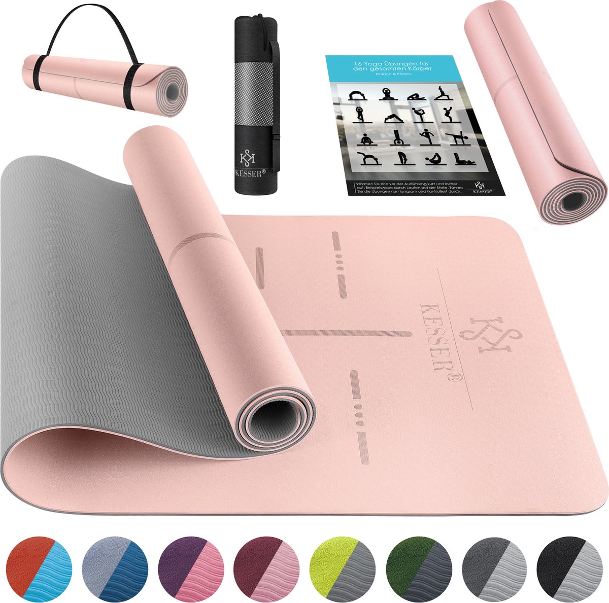 KESSER® Yoga Mat Extra Dik 183x61cm - Turnmat TPE Fitnessmat Gewatteerd & Antislip Yogamat Trainingsmat voor Fitness Pilates & Gymnastiek - Roze