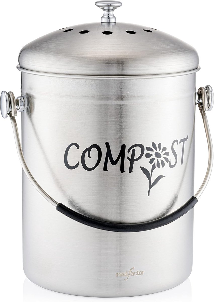 Deluxe keukencompostbak van roestvrij staal geurloos organische afvalbak inclusief gratis actieve koolfilters (5 liter)