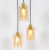 Moderne mat zwarte met zand gouden hanglamp met amberkleurig glas 3-lichts - Arlington