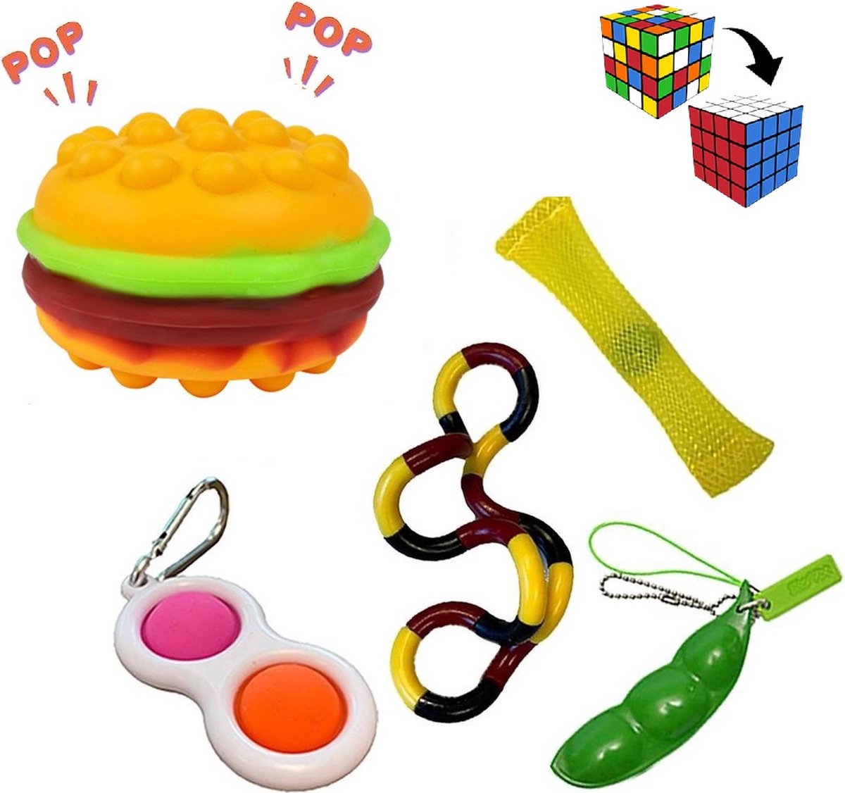 Pop it Fidget toys pakket set - Pop it - Pop All Up® - 5 Delig - Simple dimple - Pea popper - Mesh-and-marble fidget toy - Twister twist - Pop it Regenboog vierkant - Pop All Up
