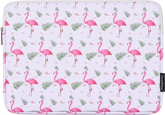 Housse d'ordinateur portable blanche avec un imprimé all-over de flamants roses et de fougères vertes.