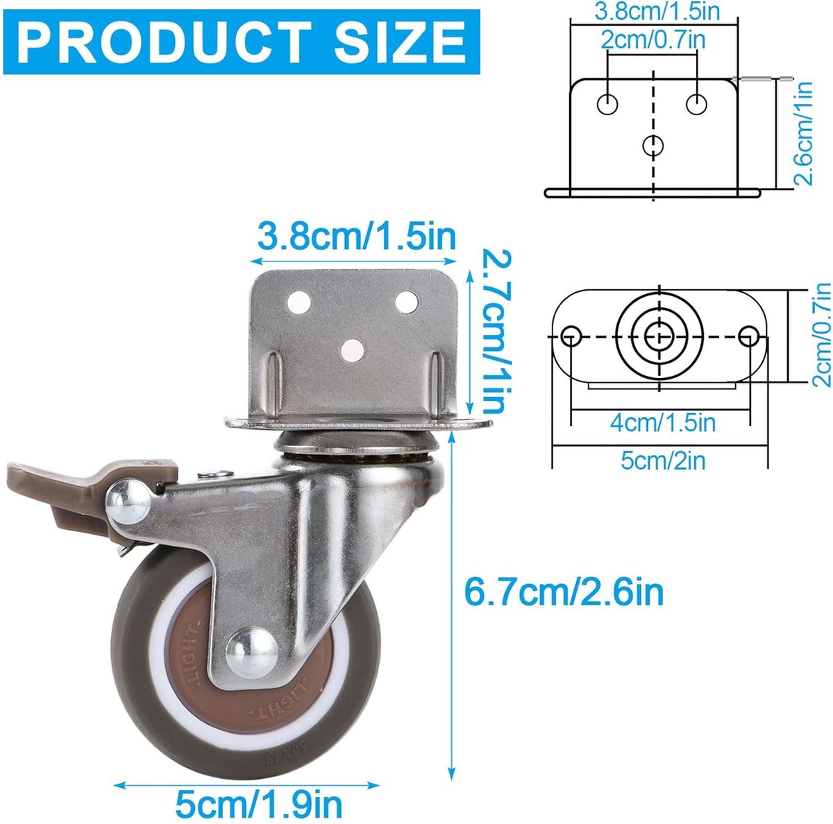 8 stuks meubelwielen met rem, diameter 50 mm, L-type wielen