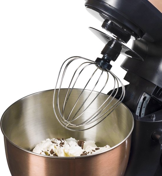 Bestron 4-in-1 Keukenmachine, 7 Snelheidsstanden, incl. Garde, Kneedhaak en Mengarm, met spatscherm & mengkom van 2,5 liter, 1000W, kleur: koper