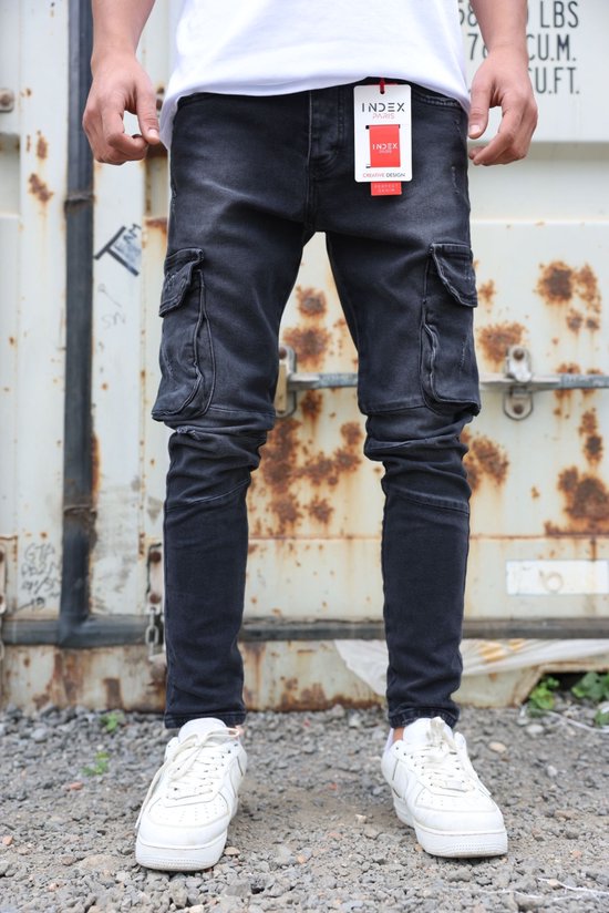 Index Heren Cargo Jeans Black-Slimfit-Maat:W30XL34