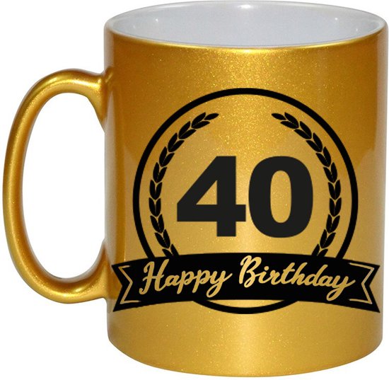 Foto: Gouden happy birthday 40 years cadeau mok beker met wimpel 330 ml keramiek verjaardags koffiemok theebeker