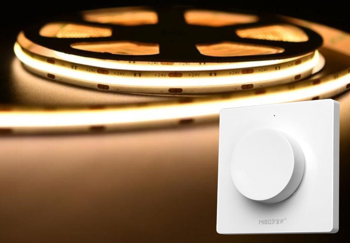 LED Strip COB - 10 Meter - Complete Set - 2700k - Warm Wit - 24V - 480LED/m - Met Draadloze Mi-Light(MiBoxer) wanddimmer(Wit)