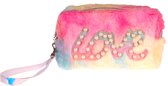 Toilettas / Grote Etui Pluche - Love Pareltjes - Roze & Geel Unicorn Rainbow - 17x11cm