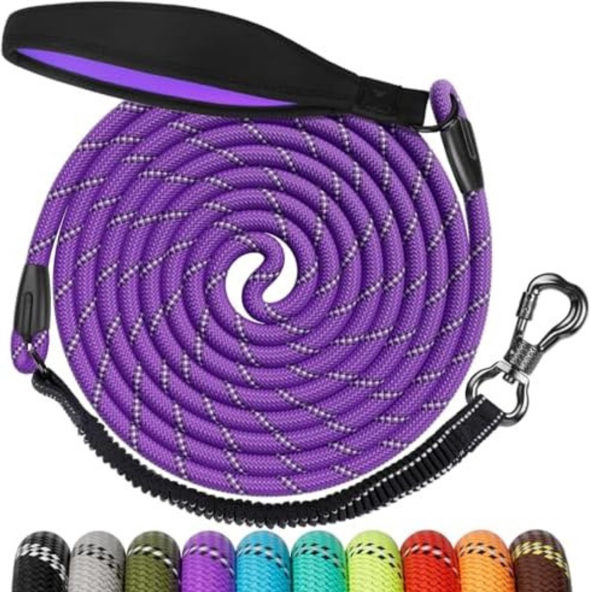 Hondenriem 10 Meter - Hondenlijn 10 Meter met gevoerde handgreep, draaibare afsluitbare haak, sterke hondenriem voor middelgrote en grote honden - 10M × 8MM/Lila