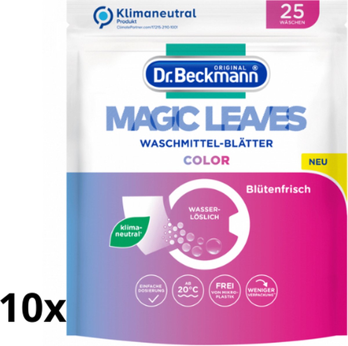 10x Dr. Beckmann Magic Leaves Color - 10x25 wasvellen - 250 wasbeurten - Wasmiddel bladen - Milieuvriendelijk