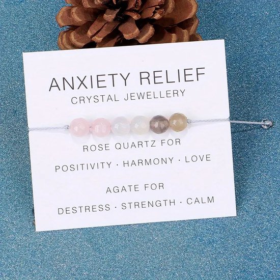 Bixorp "Anxiety Relief" Cadeau Armband - Angst Ondersteuning - Edelsteen Armbandje op kaartje - Rozenkwarts & Agaat