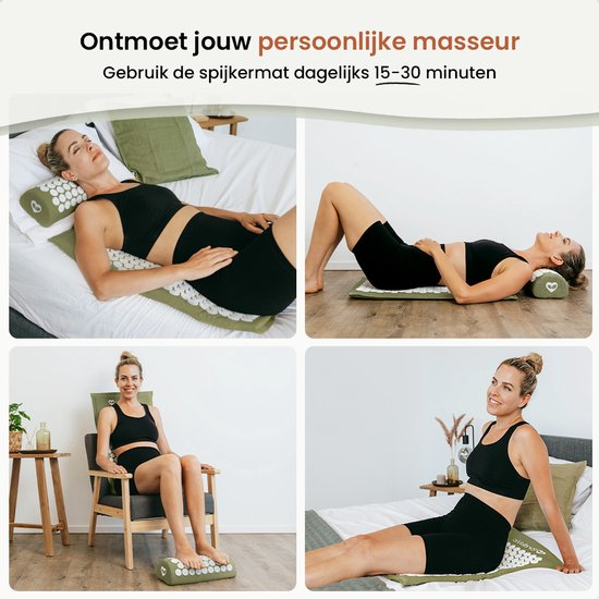 BrellaVio Spijkermat Set met Spijkerkussen - Groen - 74x44 cm - Acupressuur Mat - Spijkerbed - Acupunctuur Kussen - Shakti Massage