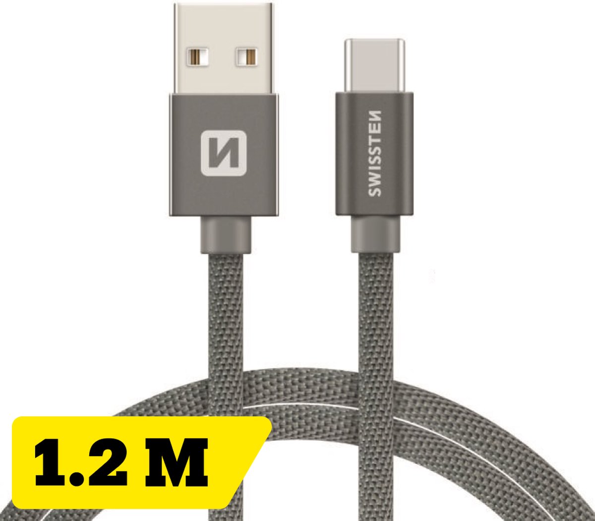 Swissten Gevlochten USB-C naar USB-A Kabel - 1.2M - Grijs