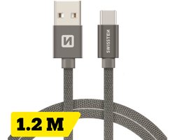 Swissten USB-C naar USB-A Oplaadkabel - 1.2M - Gevlochten Nylon - Snellaadkabel & Datakabel - Grijs