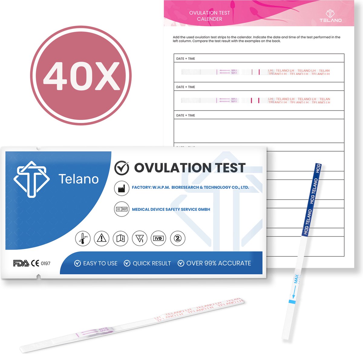 Telano Ovulatietest Dipstick Gevoelig 50 testen – Gratis Zwangerschapstest strip – Ovulatiekalender