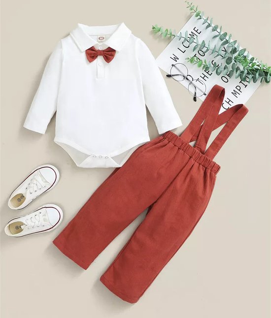 Kerst baby kleding - Kerstkleiding baby-Unisex outfit baby romper, broek, vlinderdas +bretels (maat 74)