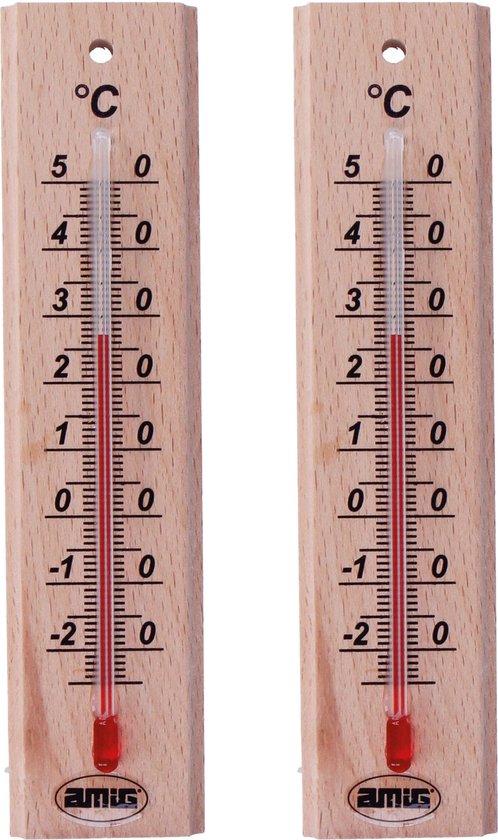 Amig Thermomètre intérieur/extérieur - 2x - bois - marron - 14 x 3 cm