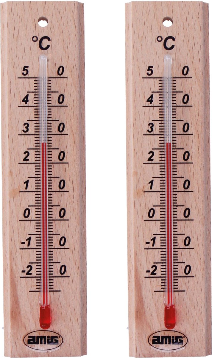 Amig Thermometer binnen/buiten - 2x - hout - bruin - 14 x 3 cm
