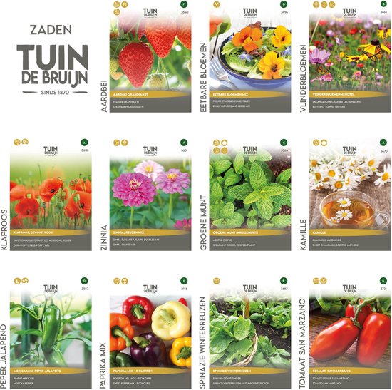 Tuin de Bruijn® zaden - kennismakingspakket deel 2 - 11 soorten - paprika, spinazie, peper, tomaat, kamille, groene munt, aardbei, eetbare bloemen, zinnia, klaproos, vlinderbloemen – voordeelverpakking