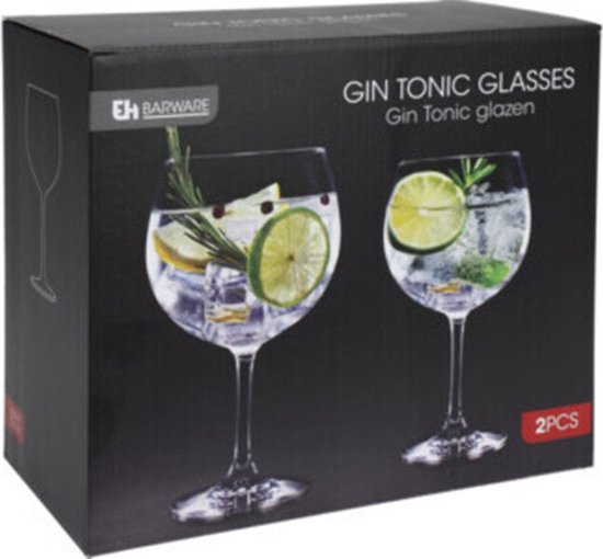 Verpakking van Excellent Houseware gin tonic glazen, met afbeeldingen van twee gevulde glazen.