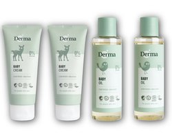 Derma Eco Baby Voordeelset - 2x Babyolie 150 ml + 2x Baby Crème 100 ml - Vitamine E - Aloë Vera - Parfumvrij, Kleurstofvrij - Hypoallergeen - Voor Gevoelige Babyhuid