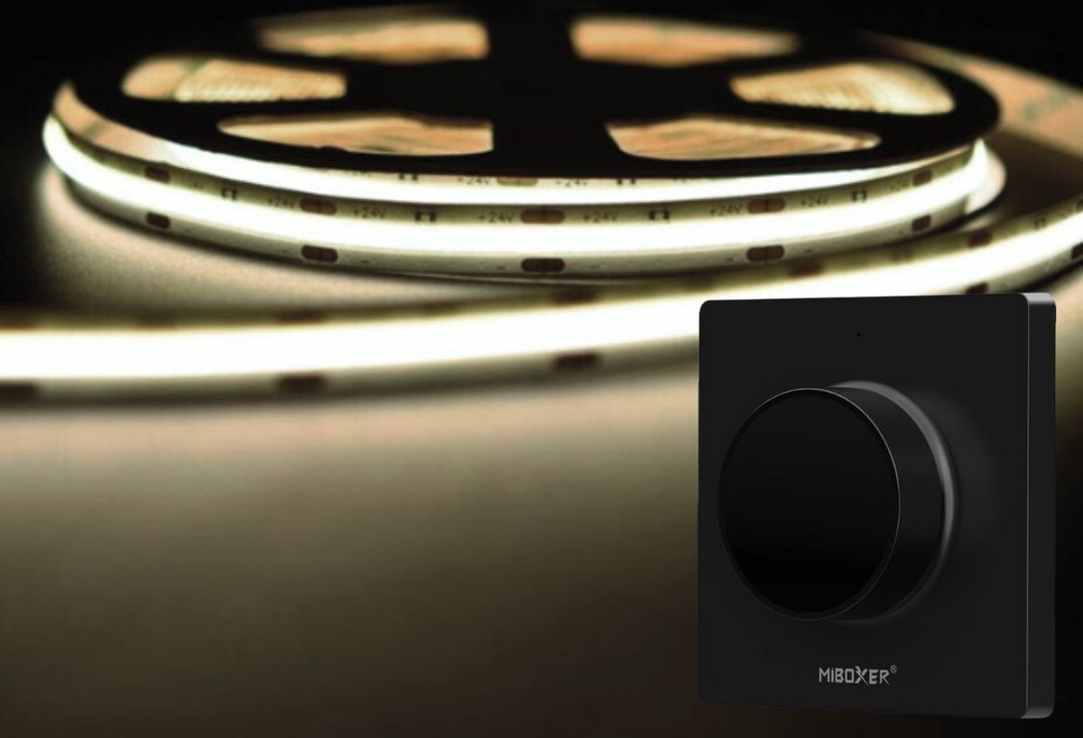 LED Strip COB - 10 Meter - Complete Set - 4000k - Neutraal Wit - 24V - 480LED/m - Met Draadloze Mi-Light(MiBoxer) wanddimmer(Zwart)
