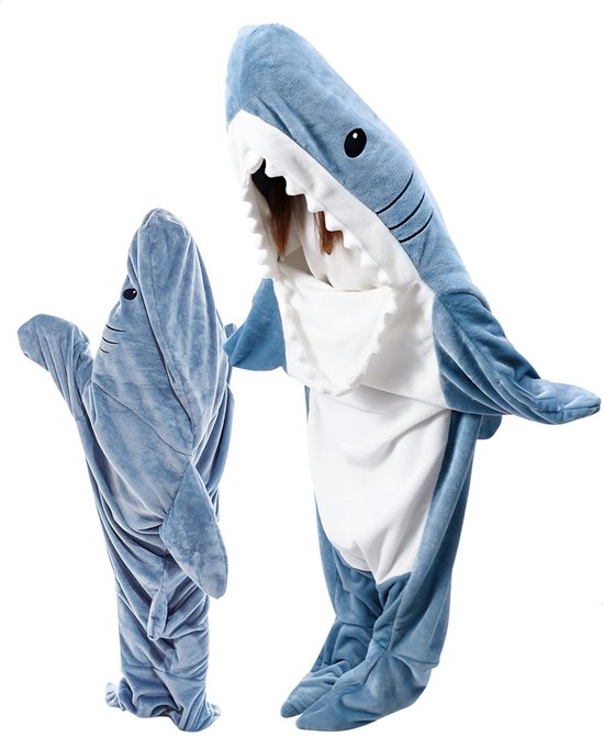 Evelynda™ Shark Blanket™ Blauw - Onesie - Haai Deken - Hoodie Deken - Shark Blanket - Fleece Deken - Maat S - Voor Lengte 100CM TOT 120CM