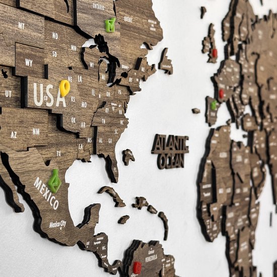 IWA Concept - Wereldkaart 3D en bois - Décoration murale - Wereldkaart - Panneau mural en bois - Accessoires de vêtements pour bébé de bureau - Cadeau de pendaison de crémaillère - Décoration murale - Medium - 100x54 CM