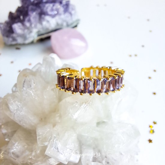 Ring stainless steel ''zirkoon stone purple'' verstelbaar, one size ring, goudkleurig, waterproof, verstelbare ring, cadeau