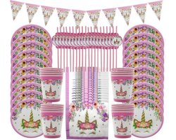 51 delige eenhoorn feest decoratie set - Uitdeel - Traktatie - Unicorn - Verjaardag - Feestje - 20 Servetten - 10 kartonnen rietjes - 10 Bekers - 10 Bordjes - 1 Slinger - Vlaggetjes