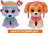 Ty Paw Patrol knuffel 2x zachte knuffels Everest en Skye 15 cm met kleurplaat - schattig Kinder poppen speelgoed hondjes Nickelodeon