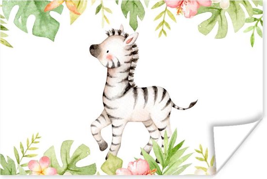 Poster Zebra - Bloemen - Jungle - Waterverf - 30x20 cm