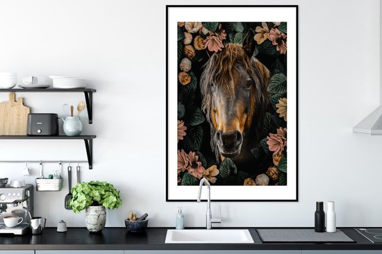 Affiche avec cadre Cheval - Fleurs - Feuilles - 80x120 cm