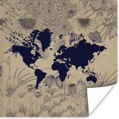 Muurdecoratie - Wereldkaart - Planten - Paars - 50x50 cm - Poster
