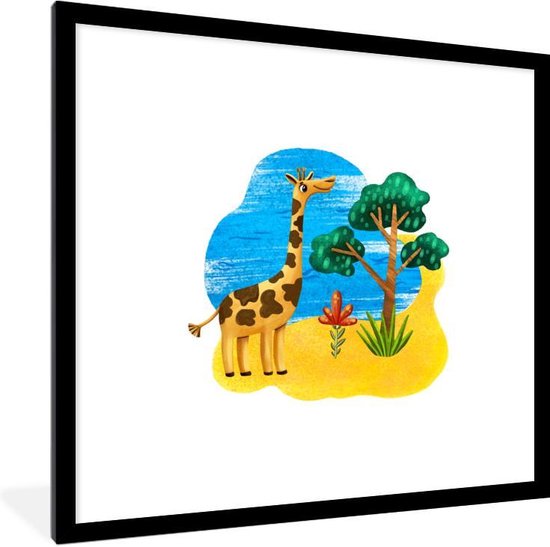 Fotolijst incl. Poster - Giraffe - Strand - Boom - Zee - 40x40 cm - Posterlijst