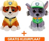 Ty Paw Patrol knuffel 2x zachte knuffels Rubble en Rocky 15 cm met kleurplaat - schattig Kinder poppen speelgoed hondjes Nickelodeon