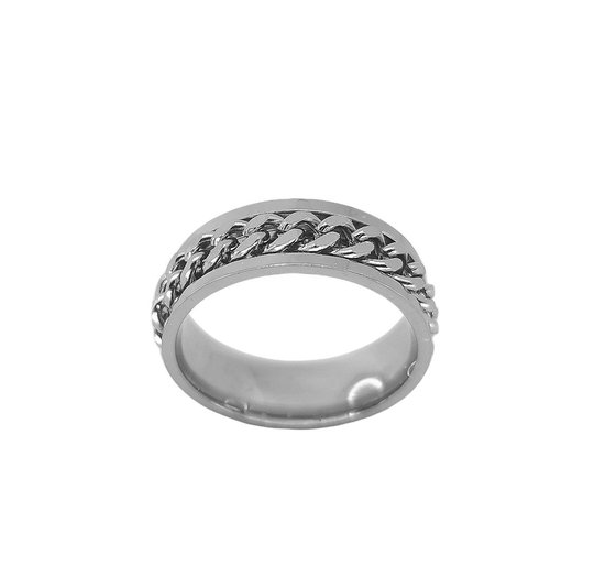 Stoer edelstaal ringen in maat 24 met los schakel ketting in midden die je mee kan draaien ( ook wel stress ring genoemd). ring is zeer geschikt als duimring.