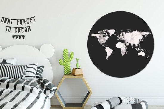 WallCircle - Wandcirkel - Muurcirkel - Wereldkaart - Zwart Wit - Marmer - Aluminium - Dibond - ⌀ 140 cm - Binnen en Buiten