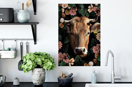 Muurstickers - Sticker Folie - Koe - Dieren - Bloemen - 40x60 cm - Plakfolie - Muurstickers Kinderkamer - Zelfklevend Behang - Zelfklevend behangpapier - Stickerfolie