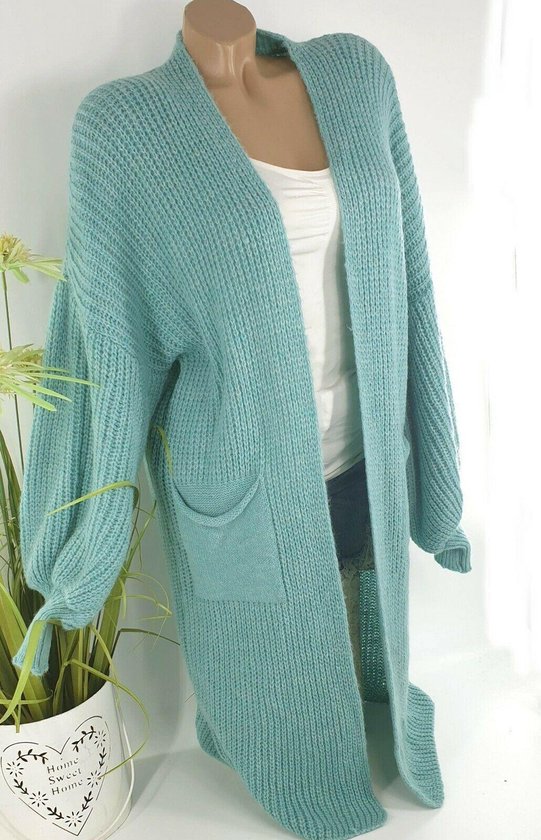 Lang grof gebreid vest cardigan damesvest winter kleur mint groen turquoise  maat 42 44... | bol.com