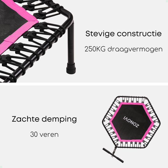 Detail van de stevige constructie van een zwarte trampoline met roze rand en elastieken.