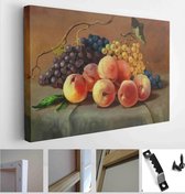 Ripe juicy peaches and grapes on the table,handmade painting, oil painting on canvas, fine art, still life, food, vegetarian, dessert, fruit - Modern Art Canvas - Horizontal - 1799