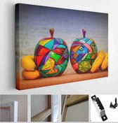 Itsallcanvas - Schilderij - Apples And Bananas On Bright Colored Abstract Background Art Horizontal Horizontal - Multicolor - 30 X 40 Cm