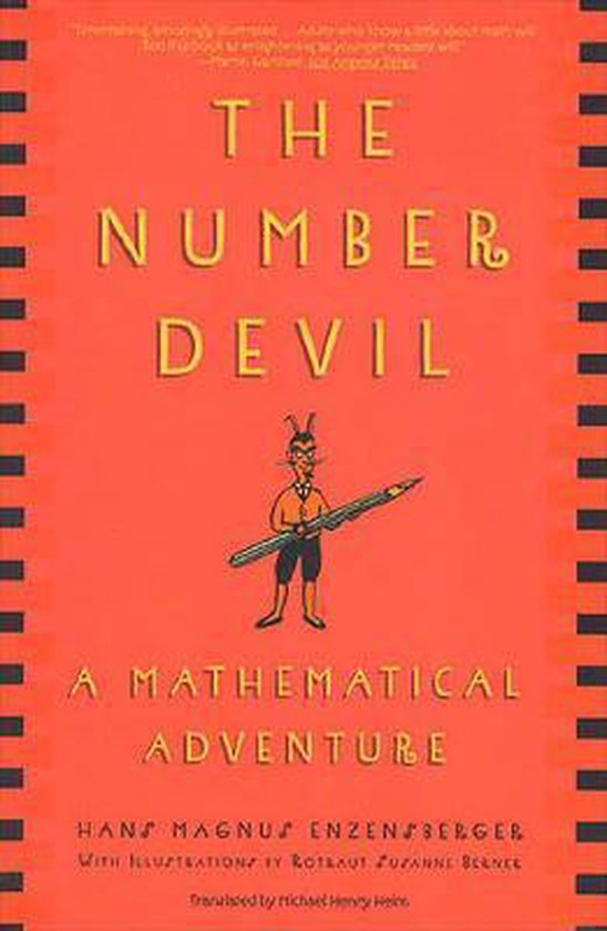 Boekcover van 'The Number Devil' met een afbeelding van een duiveltje dat een potlood vasthoudt op een rode achtergrond.