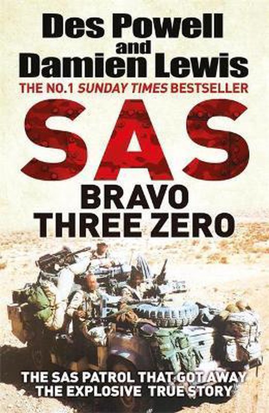 Boekcover 'SAS Bravo Three Zero' met Des Powell en Damien Lewis, met een gepantserde wagen en soldaten op de achtergrond.