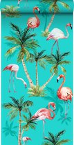 ESTAhome vlies wallpaper XXL flamingos turquoise, groen en roze - 158609 - 46,5 cm x 8,37 m
