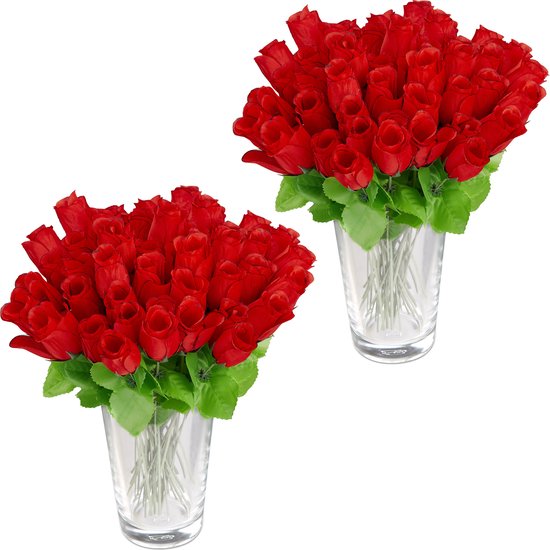 96x kunstrozen - rood - kunstbloemen - decoratie - nep bloemen - steel en blad