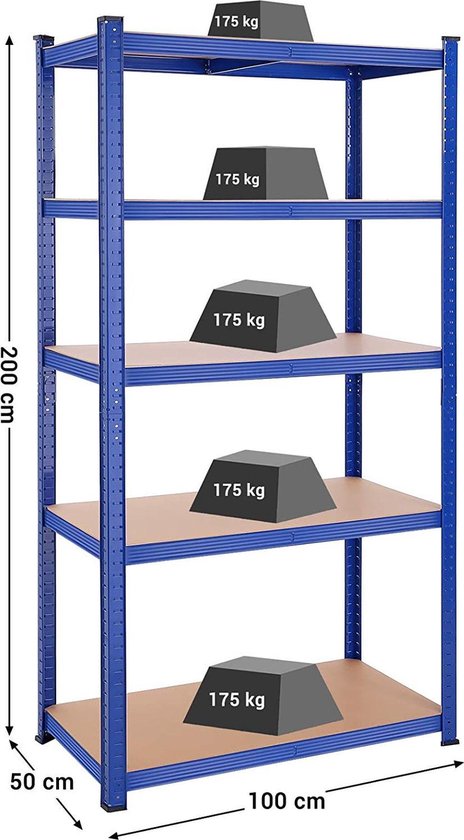 Étagère de rangement SONGMICS avec 5 étagères, 200 x 100 x 50 cm, charge jusqu'à 875 kg (175 kg par étagère), étagère robuste, étagères réglables en hauteur, cadre en acier renforcé, bleu GLR050Q01