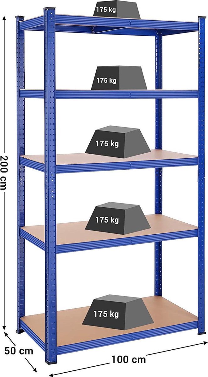 SONGMICS opbergplank met 5 legplanken, 200 x 100 x 50 cm, belastbaar tot 875 kg (175 kg per plank), heavy-duty plank, in hoogte verstelbare planken, versterkt stalen frame, blauw GLR050Q01
